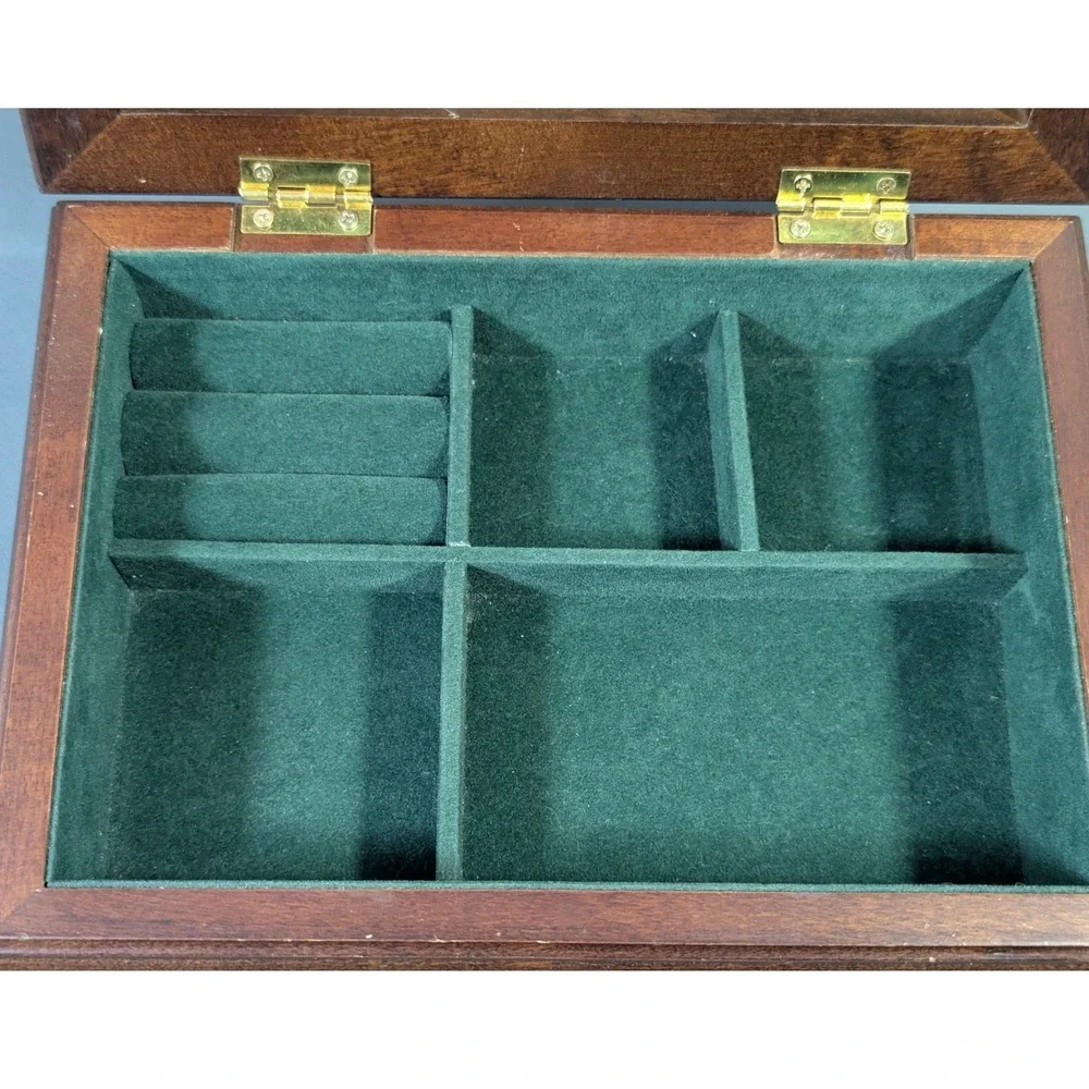 Vintage Wooden Jewelry Box Dark Wood Green Velvet Lining Carved Detail Organizer